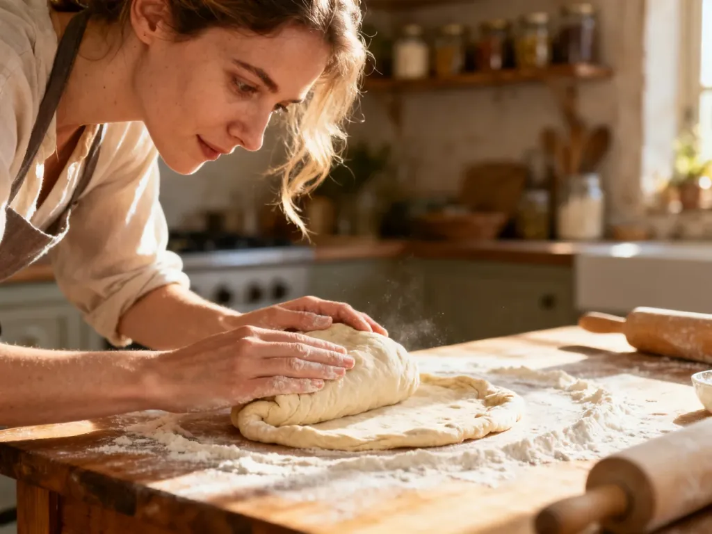 Kobieta formuje kulę ciasta na pizzę na oprószonym mąką drewnianym blacie w przytulnej kuchni.